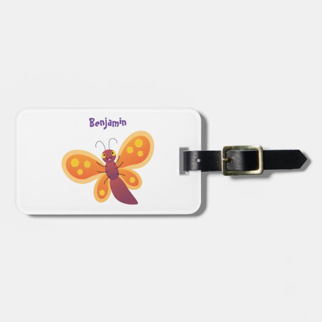 Étiquette À Bagage Caricature joli papillon orange (Devant horizontal)