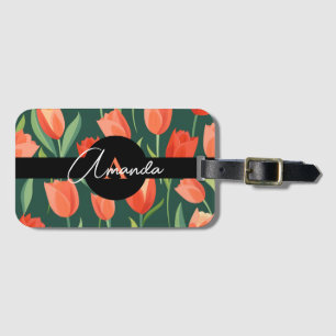 Étiquette À Bagage Caricature Motif de tulipe monogramme rouge et ver