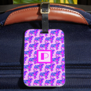 Étiquette À Bagage Carlin Chien rose et bleu Silhouette Monogramme