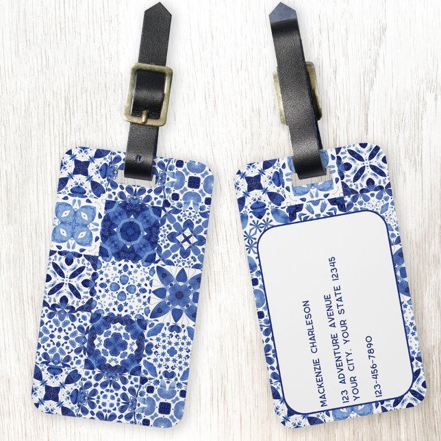 Étiquette À Bagage Carreaux Bleus Bleu Méditerranéen Motif Aquarelle (Mediterranean tile blue and white watercolor pattern personalilzed luggage tag)