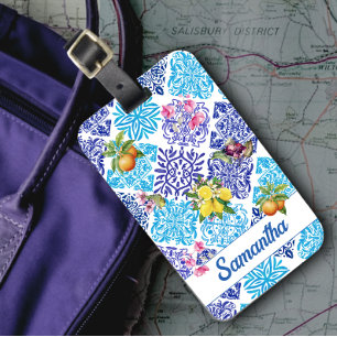 Étiquette À Bagage Carreaux d'azulejos méditerranéens fleuris d'agrum