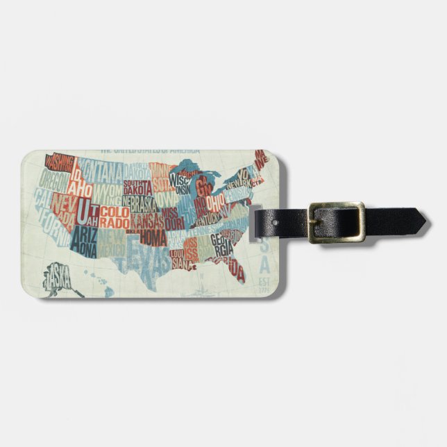 Étiquette À Bagage Carte des Etats-Unis avec des états dans les mots (Devant horizontal)