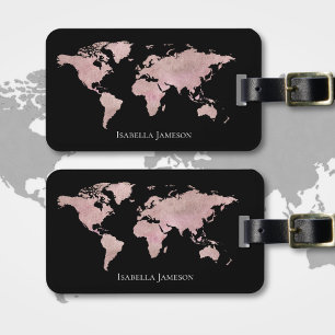 Étiquette À Bagage Carte du monde à l'aquarelle en Rose Gold avec nom