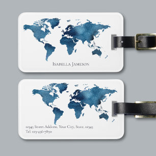 Étiquette À Bagage Carte du monde aquarelle bleue marine Personnalisé