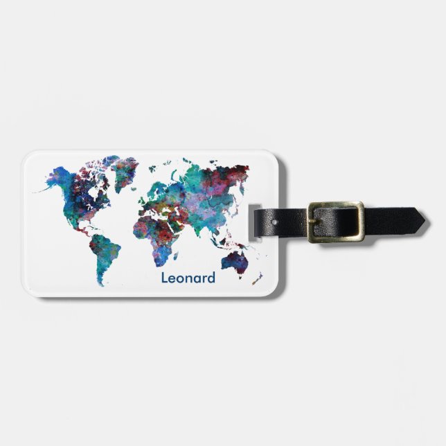 Étiquette À Bagage Carte du monde aquarelle peinture personnalisée Mo (Devant horizontal)