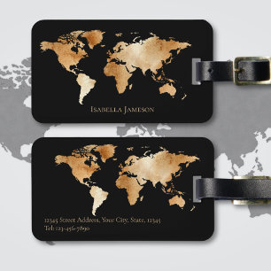 Étiquette À Bagage Carte du monde aquarelle personnalisée Or noir