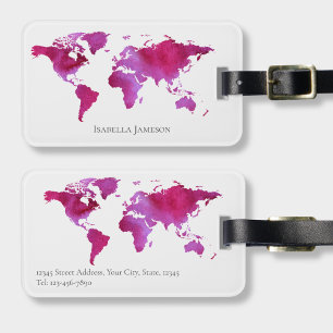Étiquette À Bagage Carte du monde aquarelle personnalisée rose blanc