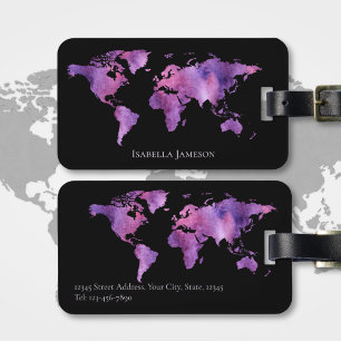 Étiquette À Bagage Carte du monde aquarelle personnalisée violet et n