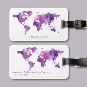 Étiquette À Bagage Carte du monde aquarelle personnalisée violet rose