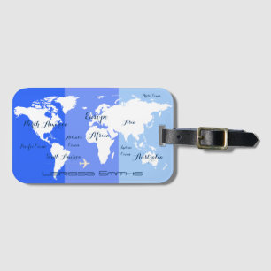 Étiquette À Bagage carte du monde bleu rayé