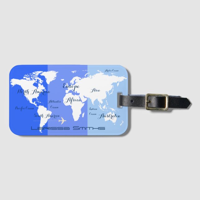 Étiquette À Bagage carte du monde bleu rayé (Devant Horizontal)