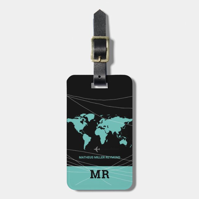 Étiquette À Bagage carte du monde bleu turquoise identification de vo (Devant Vertical)