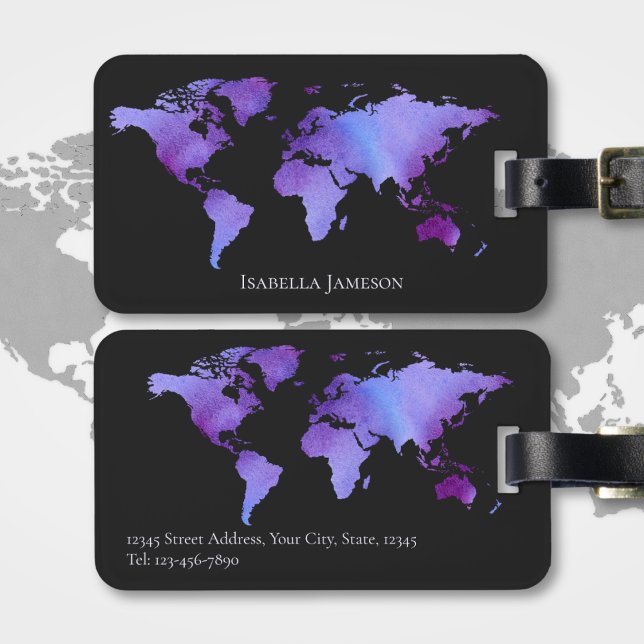 Étiquette À Bagage Carte du monde de l'aquarelle violette et noire pe (Créateur téléchargé)