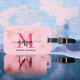 Étiquette À Bagage Carte du monde du voyage Hot Pink Nom du monogramm