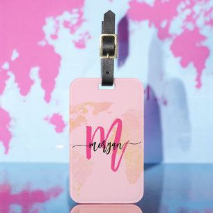Étiquette À Bagage Carte du monde du voyage Hot Pink Nom du monogramm