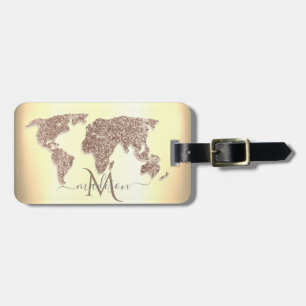 Étiquette À Bagage Carte du monde élégante à paillettes Monogramme de