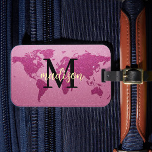 Étiquette À Bagage Carte du monde en paillettes roses Monogramme pers