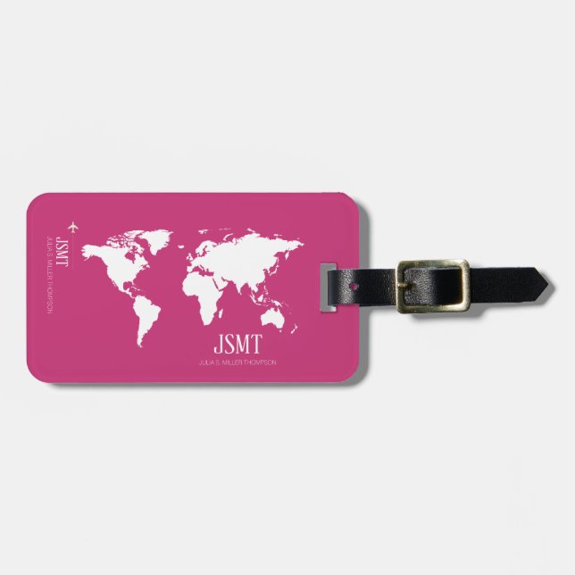 Étiquette À Bagage carte du monde en rose (Devant horizontal)