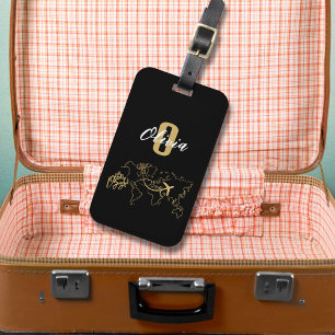 Étiquette À Bagage Carte du monde et avion élégants noir or