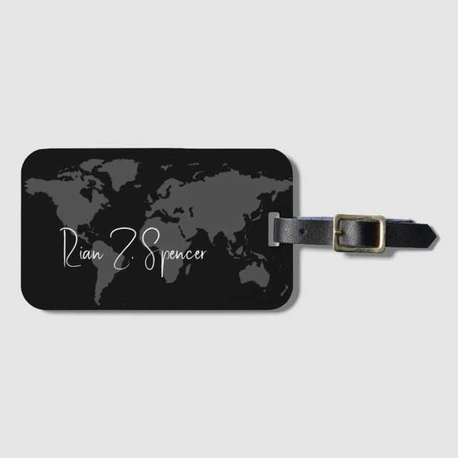 Étiquette À Bagage Carte du monde gris avec nom sur Noir (Devant Horizontal)