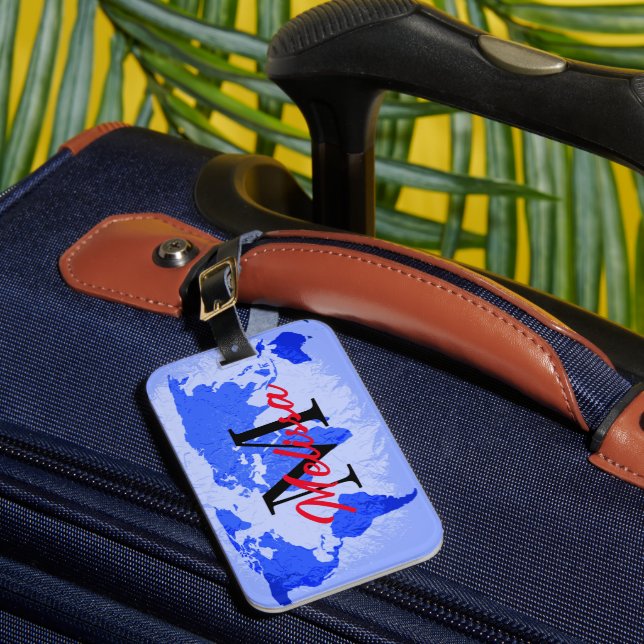 Étiquette À Bagage Carte du monde Mondes Monogrammes Bleus Nom person (Insitu Rectoal 1)