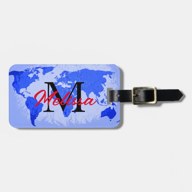 Étiquette À Bagage Carte du monde Mondes Monogrammes Bleus Nom person (Devant horizontal)