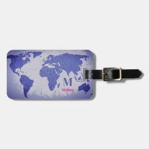 Étiquette À Bagage Carte du monde Monogramme Bleu Rose Cadeau Favori