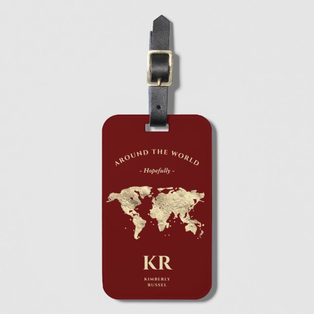 Étiquette À Bagage Carte du monde or Monogramme Voyageur Terracotta (Devant Vertical)
