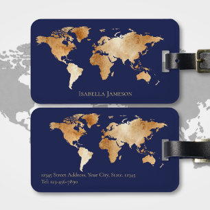 Étiquette À Bagage Carte du monde personnalisée aquarelle bleu foncé 