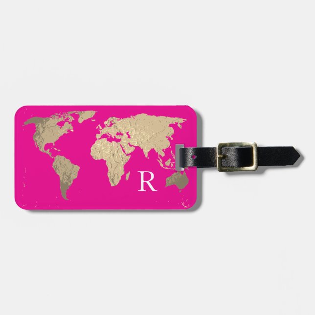 Étiquette À Bagage Carte du monde rose chaud monogramme initial nom (Devant horizontal)