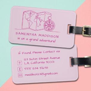Étiquette À Bagage Carte du monde rose girly et boussole en ligne art