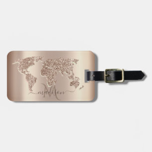 Étiquette À Bagage Carte du Monde Voyage Monogramme Pailletée