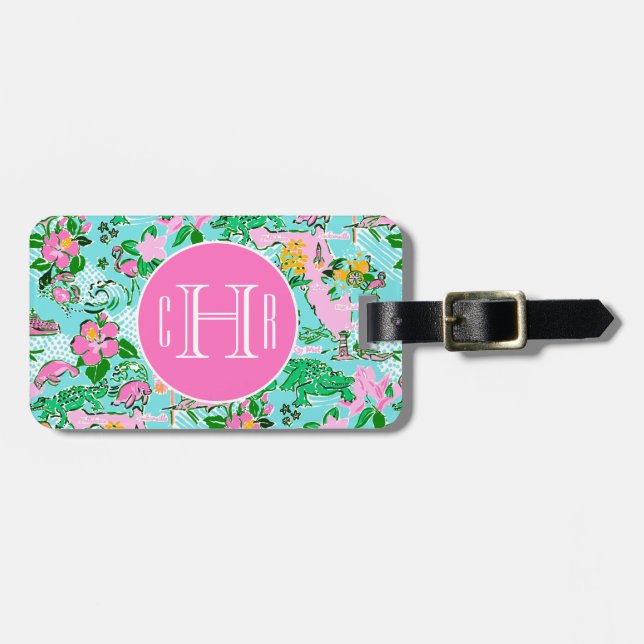Étiquette À Bagage Carte Floride Preppy Palm Beach Motif Monogrammé (Devant horizontal)