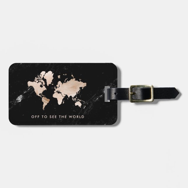 Étiquette À Bagage Carte légère du monde d'or sur le marbre noir (Devant horizontal)
