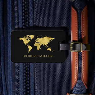 Étiquette À Bagage Carte moderne du monde noir et or personnalisé