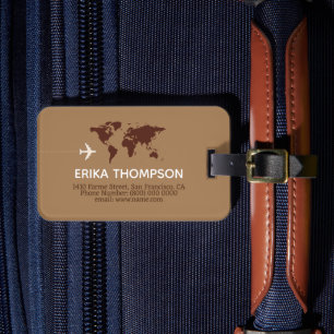 Étiquette À Bagage Carte mondiale sur Brown