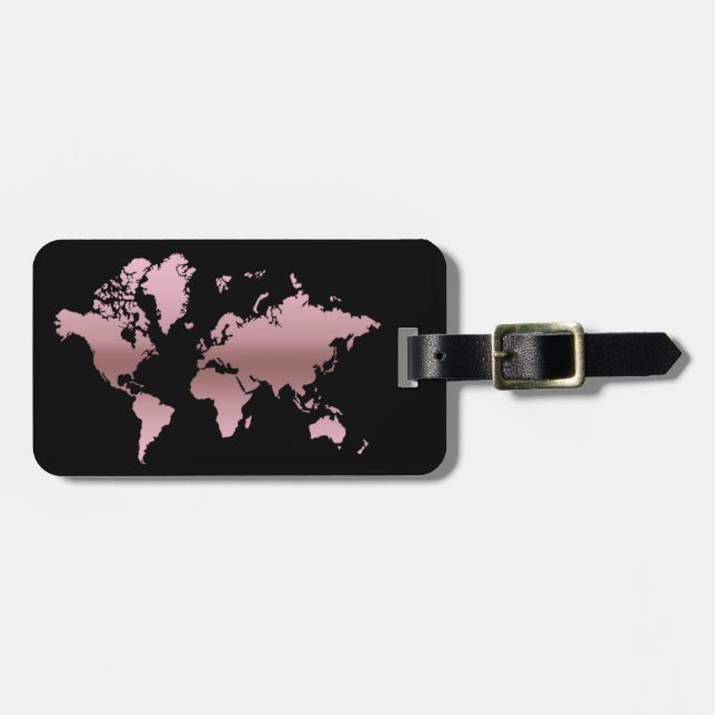 Étiquette À Bagage Carte Rose Gold Faux World Map Professional Chic M (Devant horizontal)
