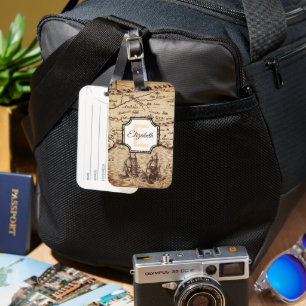 Étiquette À Bagage Carte Sepia Vintage personnalisée Nom du monogramm