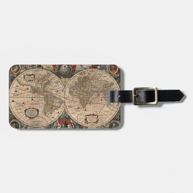 Étiquette À Bagage Carte vintage du monde (1641) (Devant horizontal)