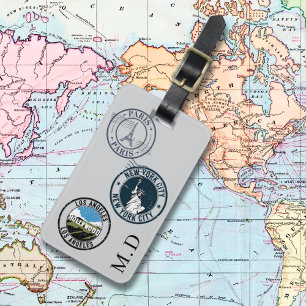 Étiquette À Bagage Cartes de passeport grises initiales monogramme