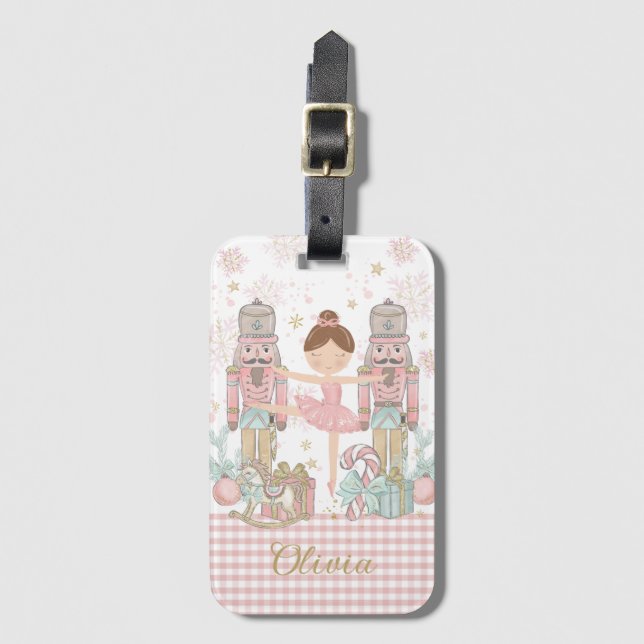Étiquette À Bagage Casse-noisette Whimsical Pastel Rose Ballet de Noë (Devant Vertical)