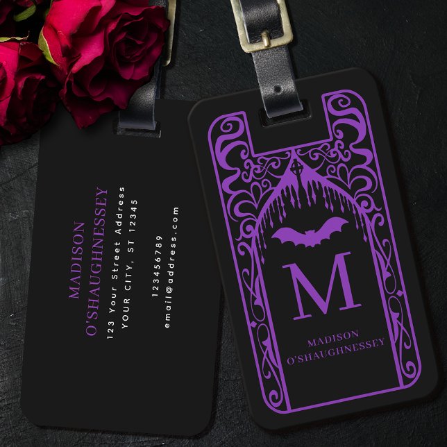 Étiquette À Bagage Cathédrale gothique violet noir Vampire Monogramme (Créateur téléchargé)