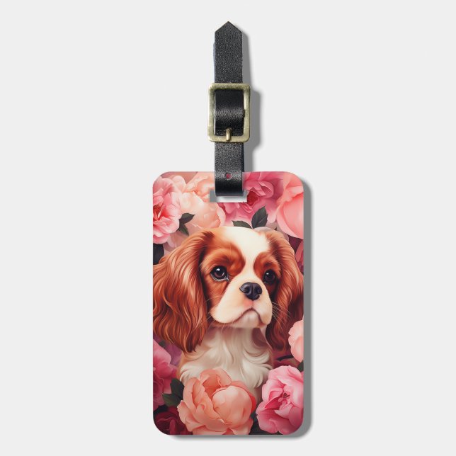 Étiquette À Bagage Cavalier King Charles Spaniel en Rose (Devant Vertical)