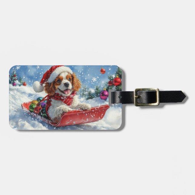 Étiquette À Bagage Cavalier King Charles Spaniel Traîneau de Noël (Devant horizontal)