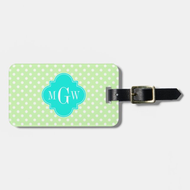 Étiquette À Bagage Célery Polka Dot Aqua Quatrefoil 3 Monogramme (Devant horizontal)