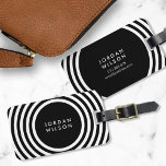 Étiquette À Bagage Cercles blancs minimalistes noirs Lignes géométriq<br><div class="desc">Voyagez dans le style avec cette étiquette de bagage moderne avec un minimaliste blanc lignes géométriques motif contre un arrière - plan noir. Personnalisez cette balise avec vos informations et pour plus d'options comme changer la police et sa taille cliquez sur le bouton "Personnaliser". *Veuillez noter que le filigrane Zazzle...</div>
