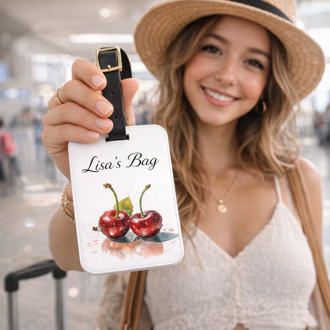 Étiquette À Bagage Cerises amoureuses en Aquarelle, sur mesure (Créateur téléchargé)