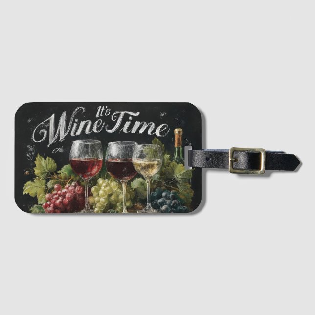 Étiquette À Bagage "C'est l'heure du vin" Rustic Chalkboard Art (Devant Horizontal)