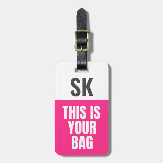 Étiquette À Bagage C'est votre sac | Initiales Néon Rose Gras (Devant Vertical)