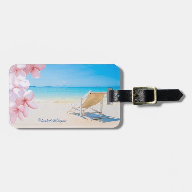 Étiquette À Bagage Chaise de plage tropicale sable fleur hawaïenne (Devant horizontal)